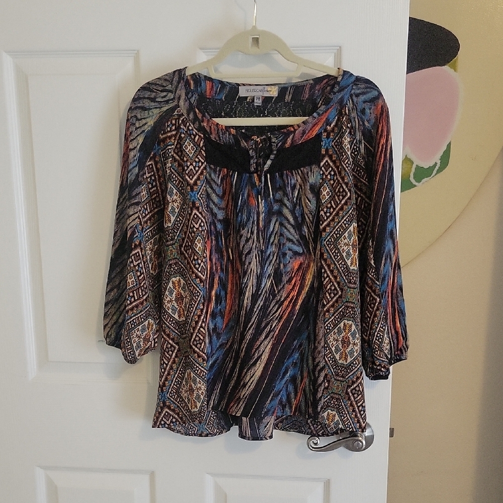 Figueroa & flower SzPM Boho vneck, tie Multicolor Patterned Blouse lace accents